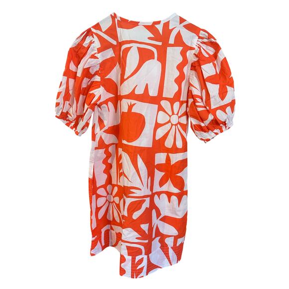 Oliphant RARE Puff Sleeve Crew Neck Mini Dress Orange Twiggy Print XXS Oversized - Picture 5 of 9